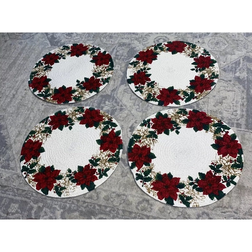 Set 4 Christmas Poinsettia Placemat Holiday Red Green‎ Beige 15" Round New